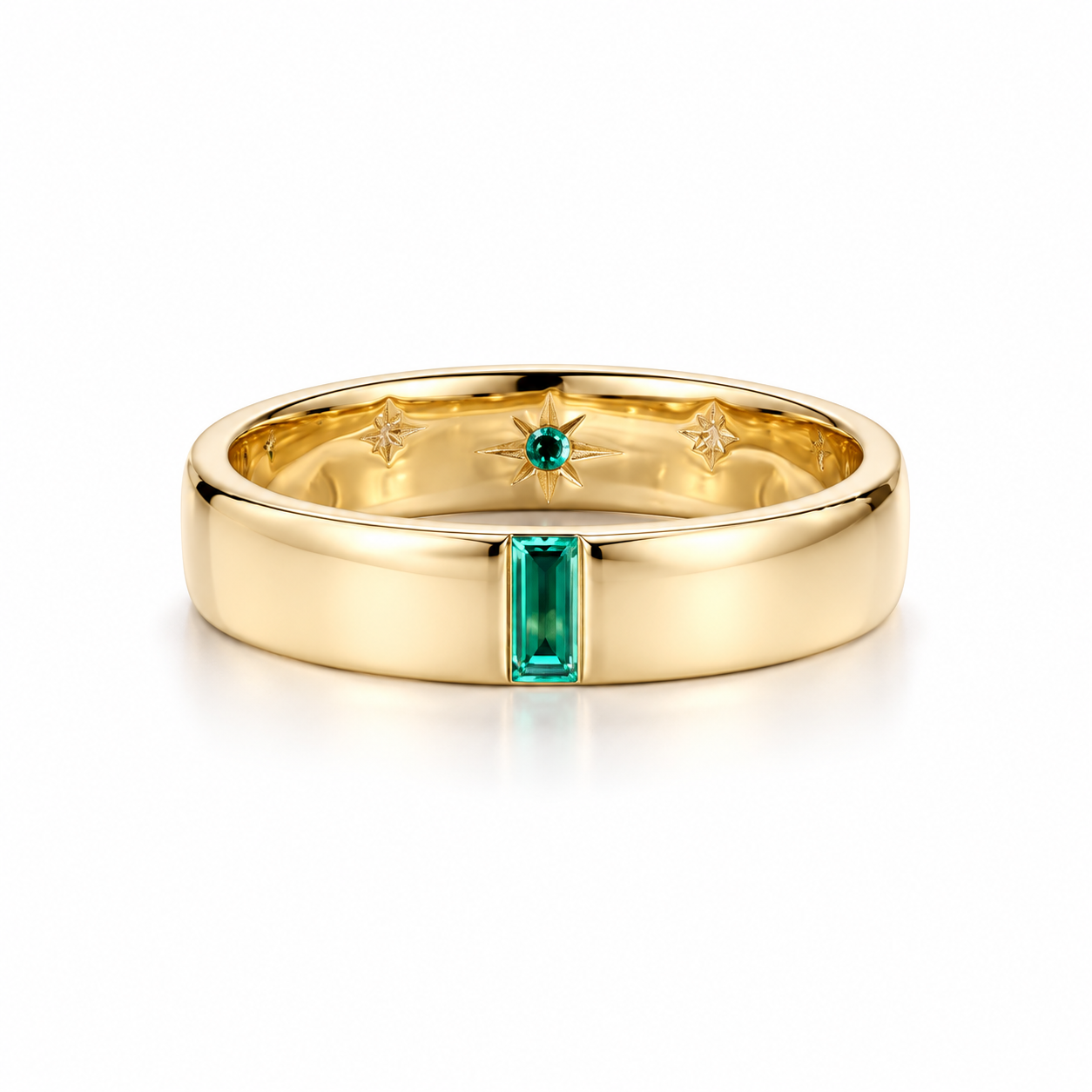 Green Baguette Yellow Gold-Tone Band Ring with Inner Starburst Detail