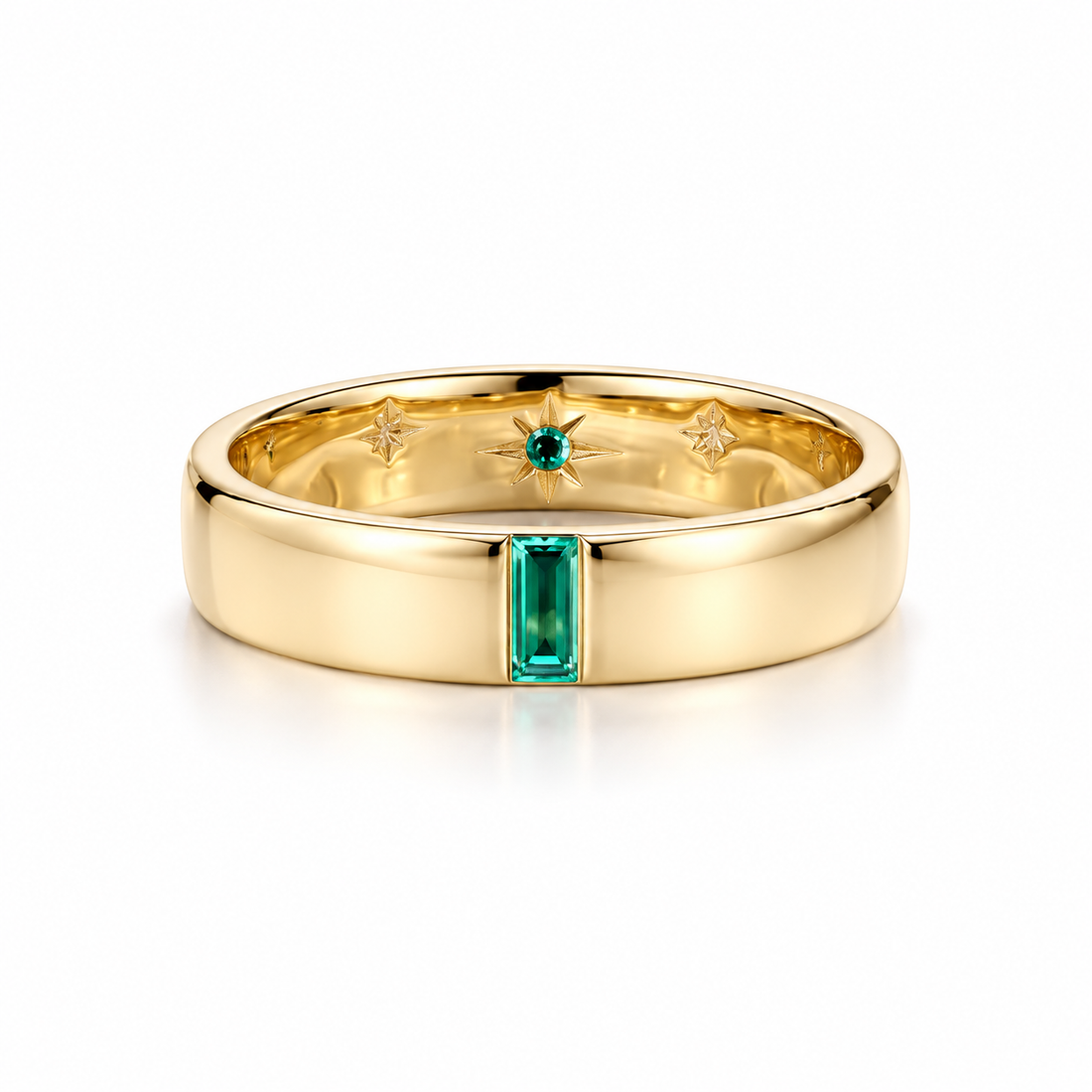 Green Baguette Yellow Gold-Tone Band Ring with Inner Starburst Detail