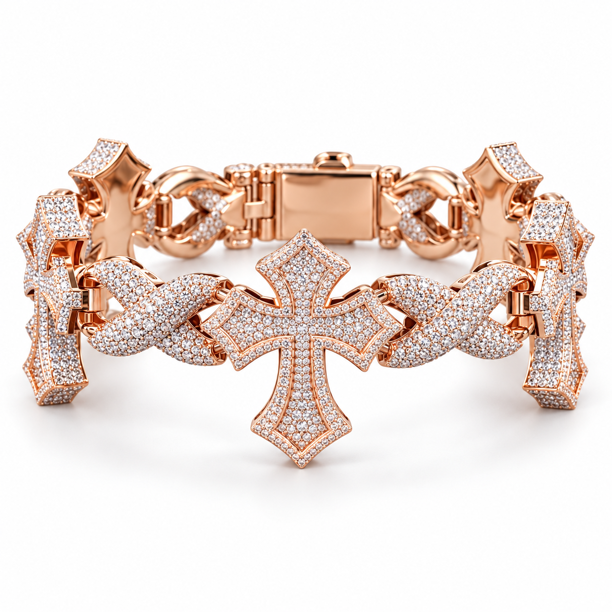 Outlined Pavé Cross & Infinity Link Rose Gold-Tone Bracelet – Custom Iced Out Hip Hop Jewelry