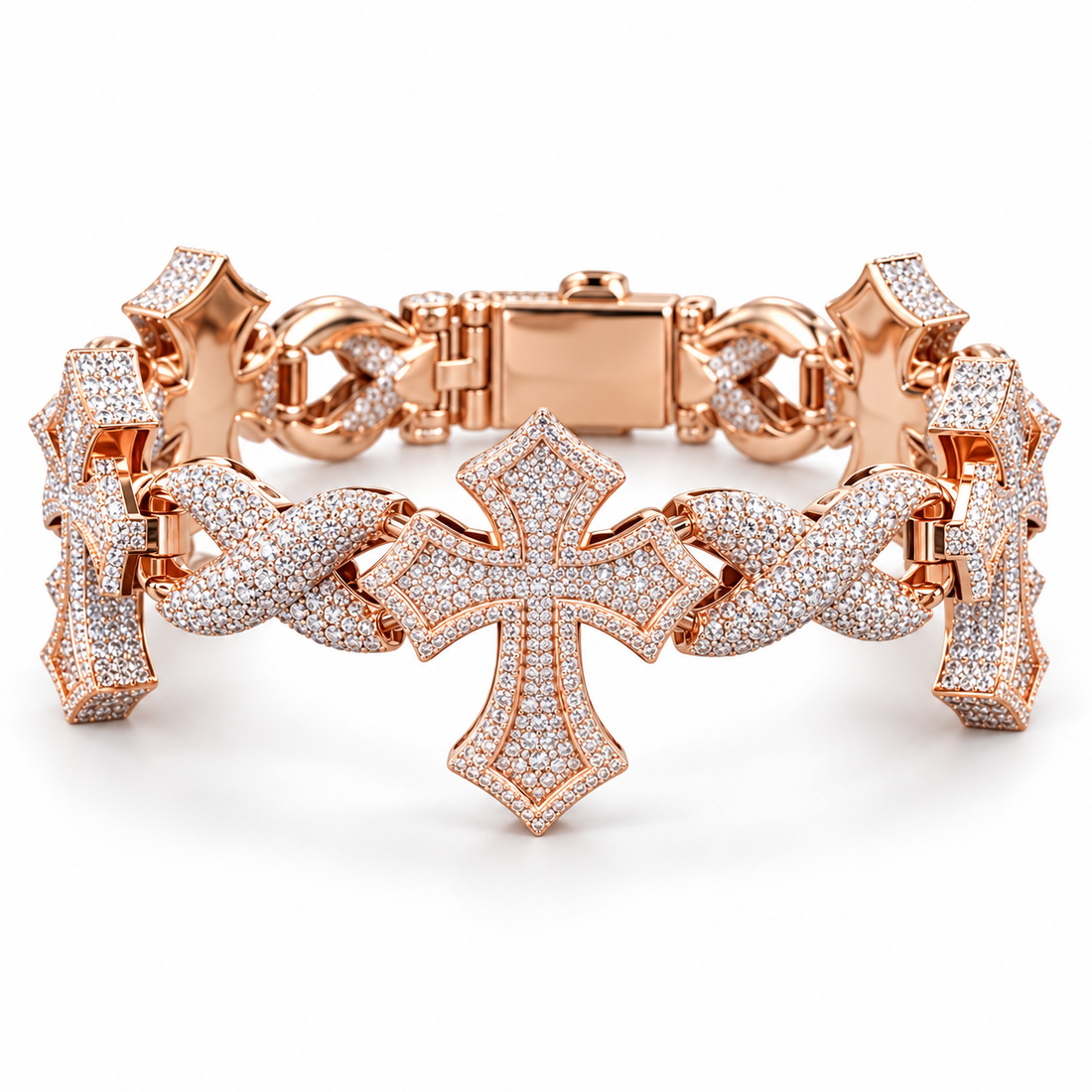 Outlined Pavé Cross & Infinity Link Rose Gold-Tone Bracelet – Custom Iced Out Hip Hop Jewelry