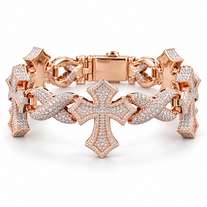 Outlined Pavé Cross & Infinity Link Rose Gold-Tone Bracelet – Custom Iced Out Hip Hop Jewelry