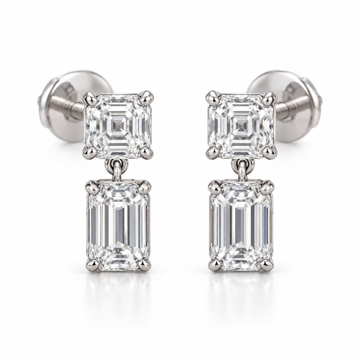 Asscher & Emerald Cut Two-Stone Drop Earrings with Screw Backs