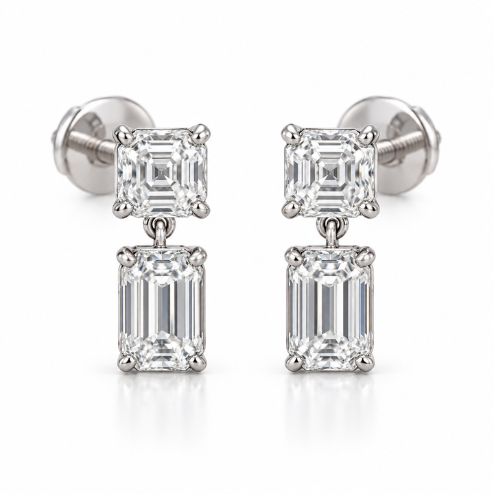Asscher & Emerald Cut Two-Stone Drop Earrings with Screw Backs