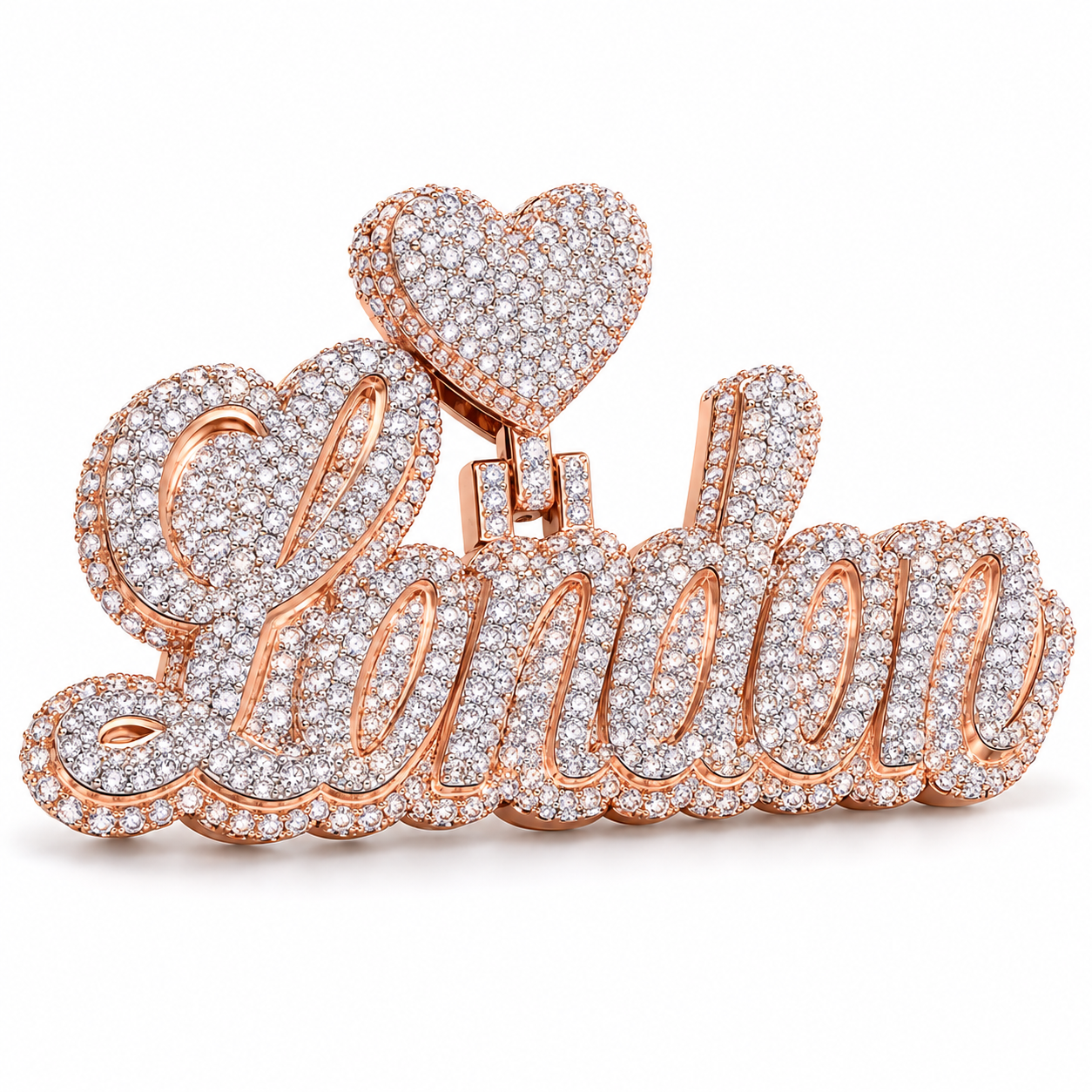 Custom Heart Script Name Iced Out Rose Gold-Tone Pendant – Personalized Hip Hop Jewelry