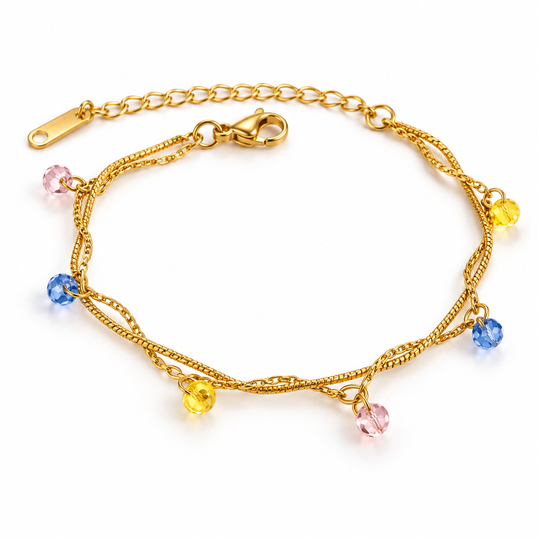 Yellow Gold-Tone Twisted Chain Bracelet with Multicolor Bead Charms