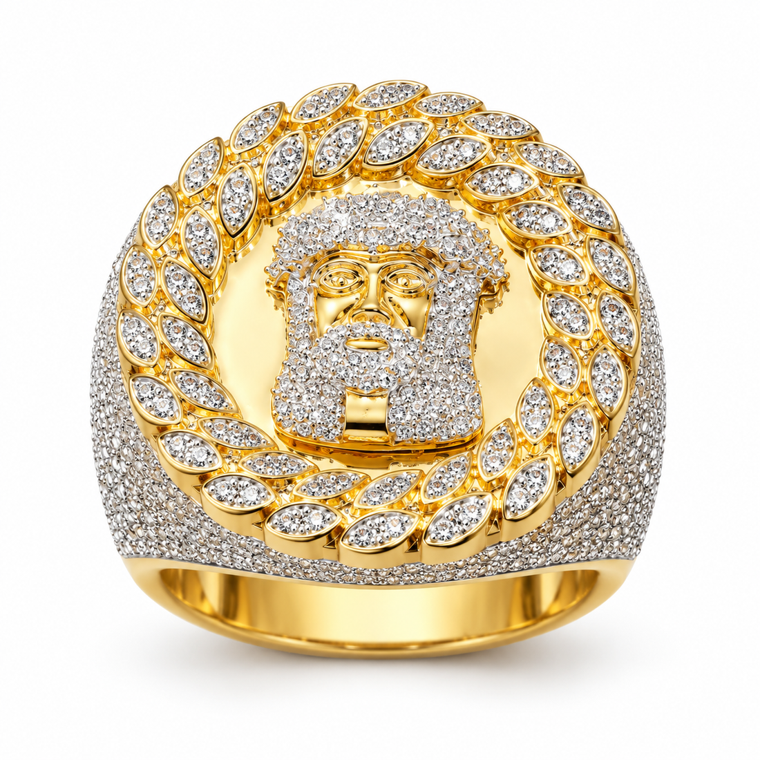 Jesus Head Laurel Wreath Iced Out Hip Hop Statement Ring