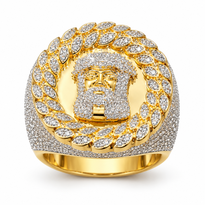 Jesus Head Laurel Wreath Iced Out Hip Hop Statement Ring
