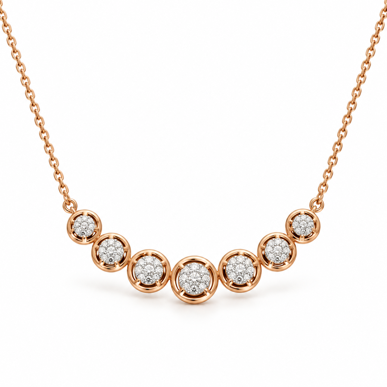 Seven Circle Round Stone Cluster Rose Gold Station Necklace