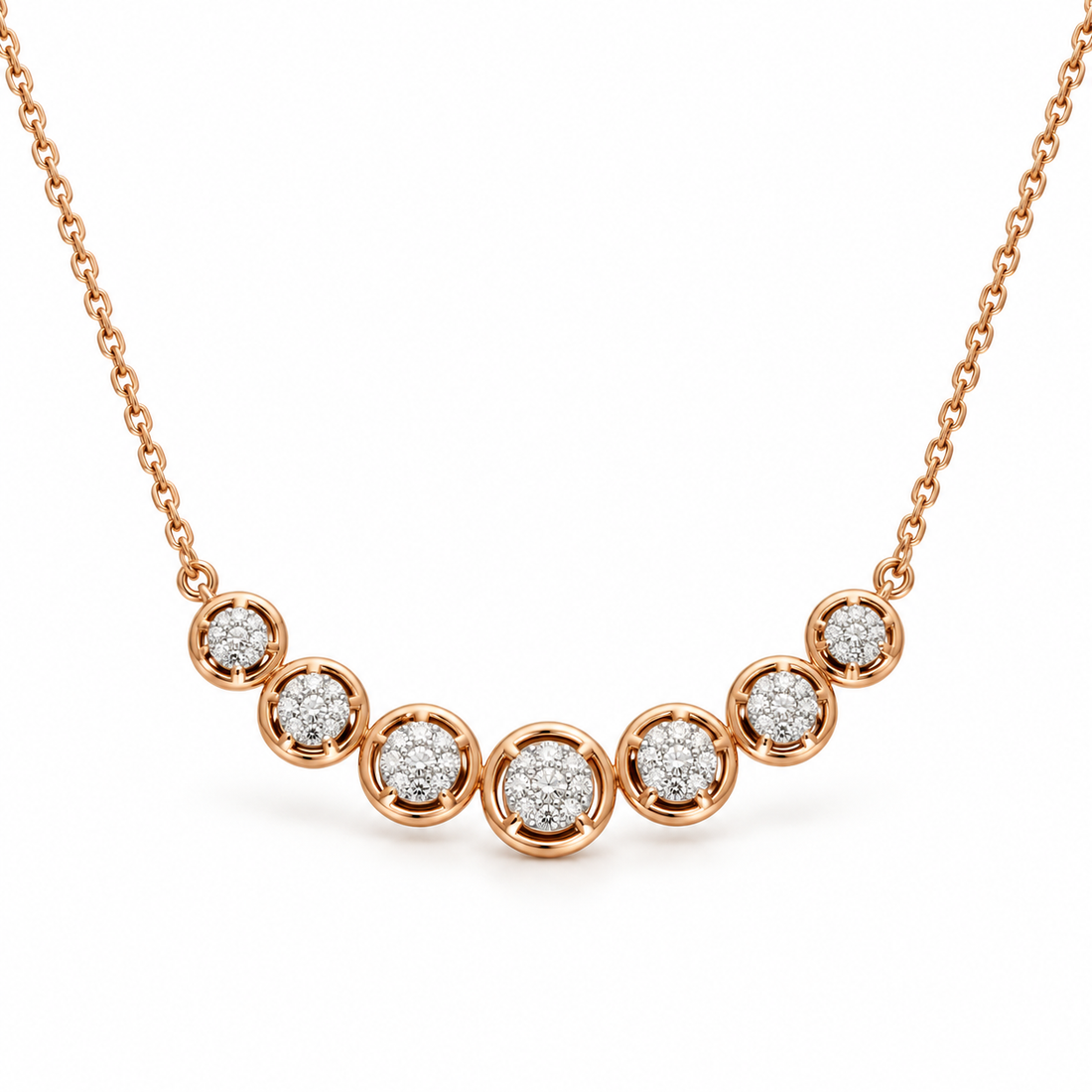 Seven Circle Round Stone Cluster Rose Gold Station Necklace