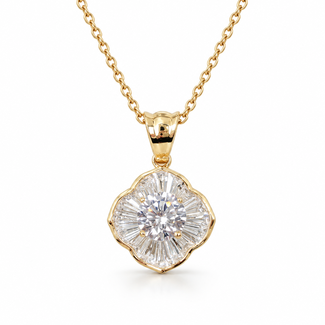 Round Cut Baguette Halo Floral Yellow Gold Pendant Necklace
