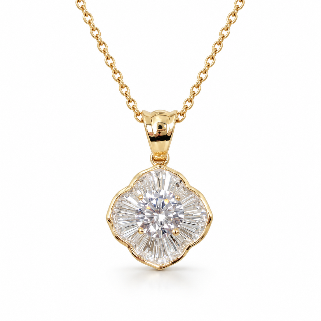 Round Cut Baguette Halo Floral Yellow Gold Pendant Necklace