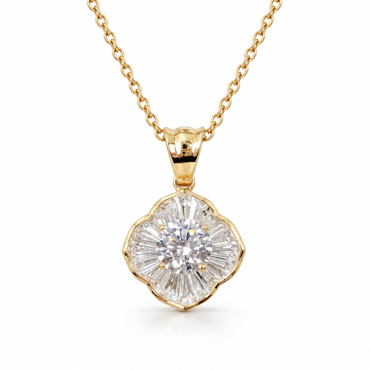 Round Cut Baguette Halo Floral Yellow Gold Pendant Necklace