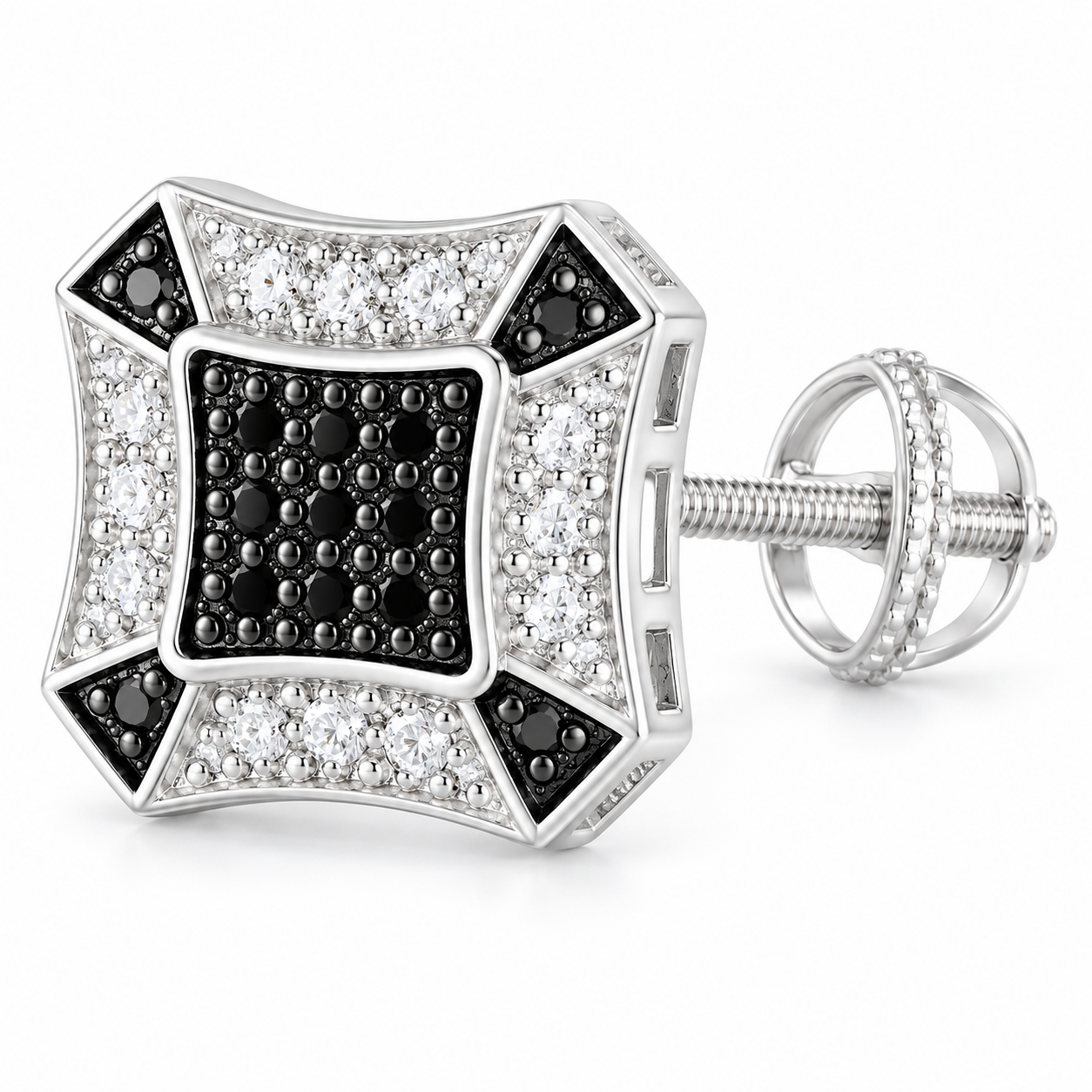 Men’s Black and Clear Stone Geometric Silver-Tone Screw-Back Stud Earring