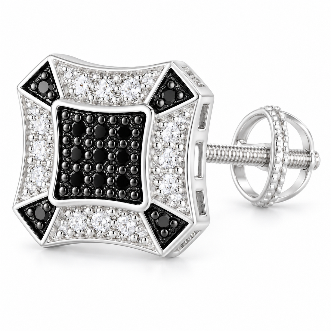 Men’s Black and Clear Stone Geometric Silver-Tone Screw-Back Stud Earring