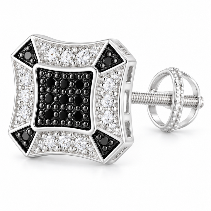 Men’s Black and Clear Stone Geometric Silver-Tone Screw-Back Stud Earring