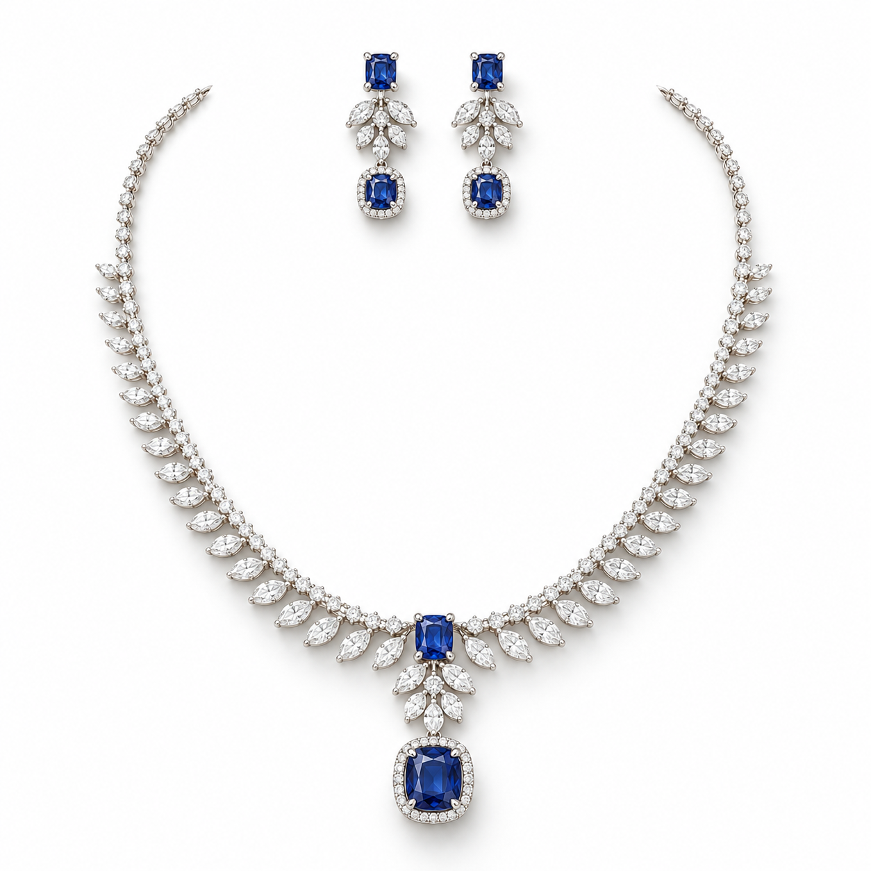 Royal Blue Halo Drop and Marquise Leaf Bridal Necklace and Earrings Set