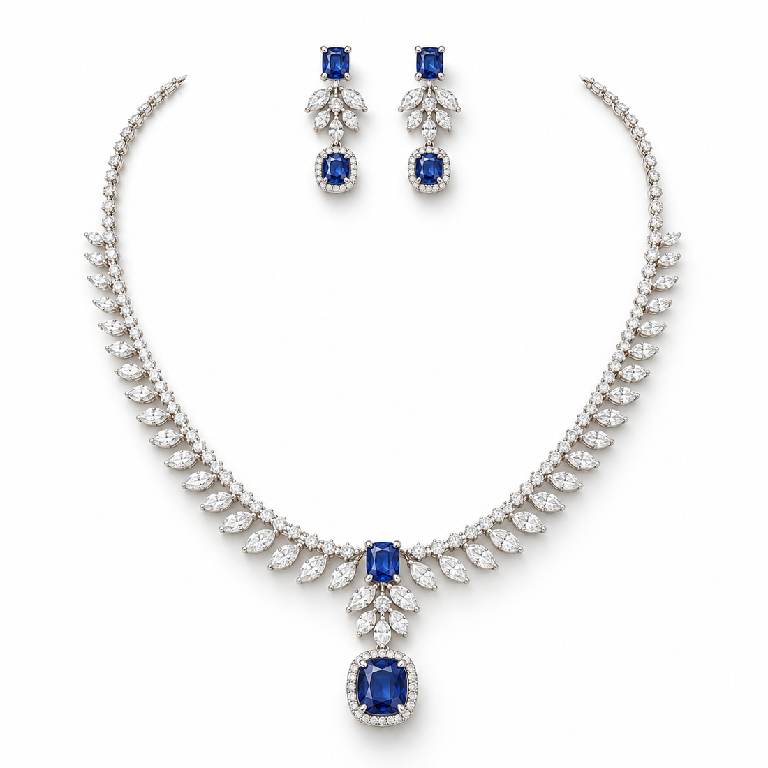 Royal Blue Halo Drop and Marquise Leaf Bridal Necklace and Earrings Set