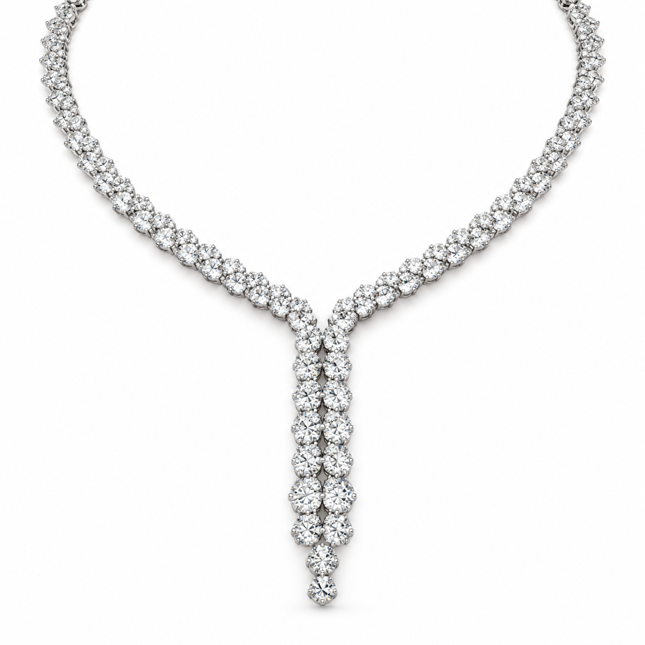 Round Cut Double Row Y Drop White Gold Diamond Necklace