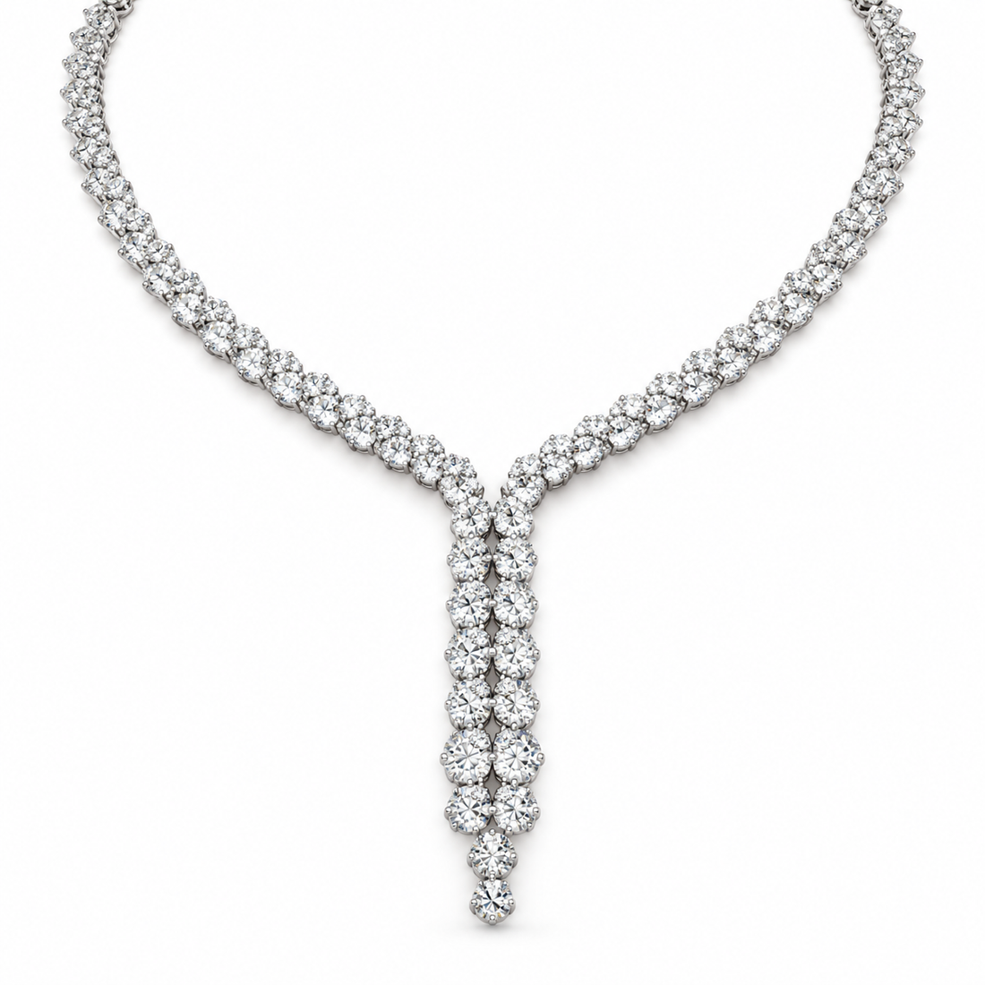 Round Cut Double Row Y Drop White Gold Diamond Necklace