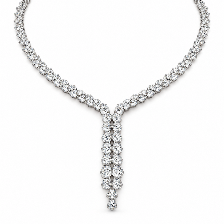 Round Cut Double Row Y Drop White Gold Diamond Necklace