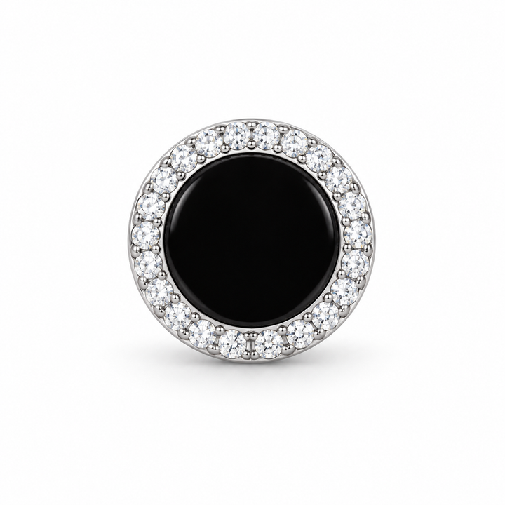 Men’s Round Black Center Halo Silver-Tone Stud Earring