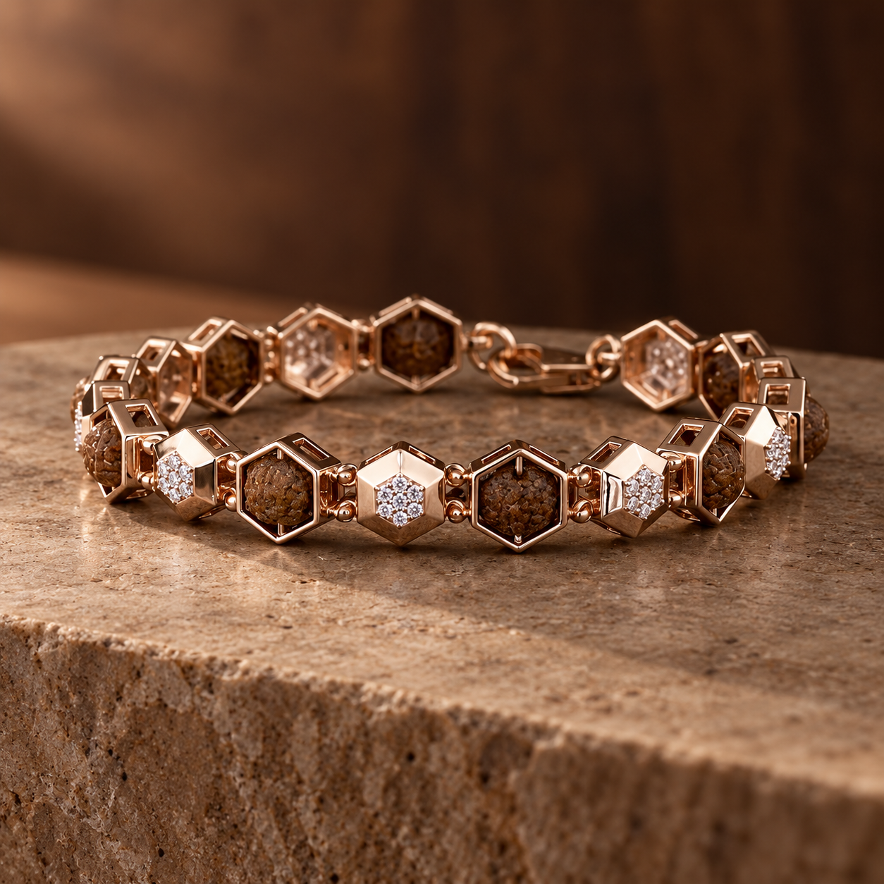 Rose Gold-Tone Hexagonal Brown Bead and Pavé Cluster Bracelet