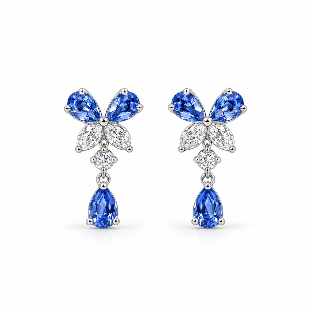 Blue Pear Drop Earrings with Butterfly Stone Cluster