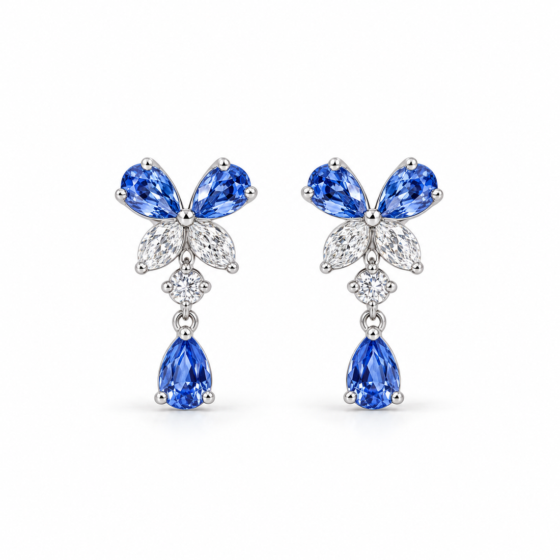 Blue Pear Drop Earrings with Butterfly Stone Cluster