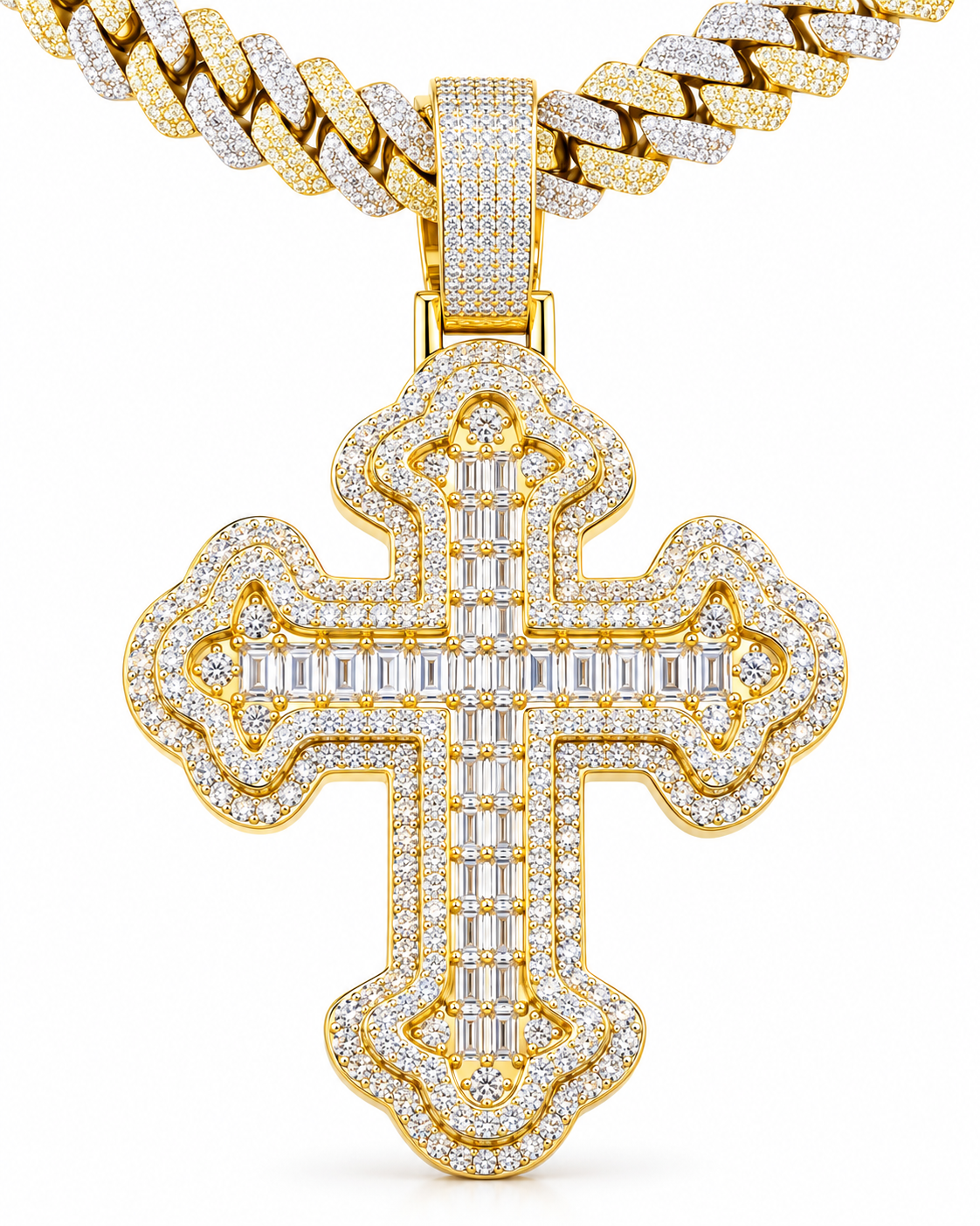 Custom Iced Out Ornate Baguette Cross Pendant | Silver & Gold