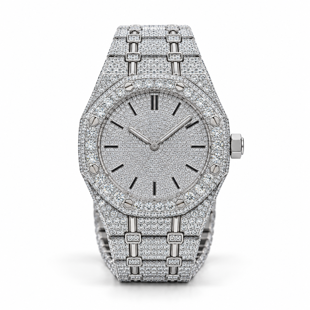 Iced Out Octagonal Silver-Tone Watch – Custom Diamond Statement Watch