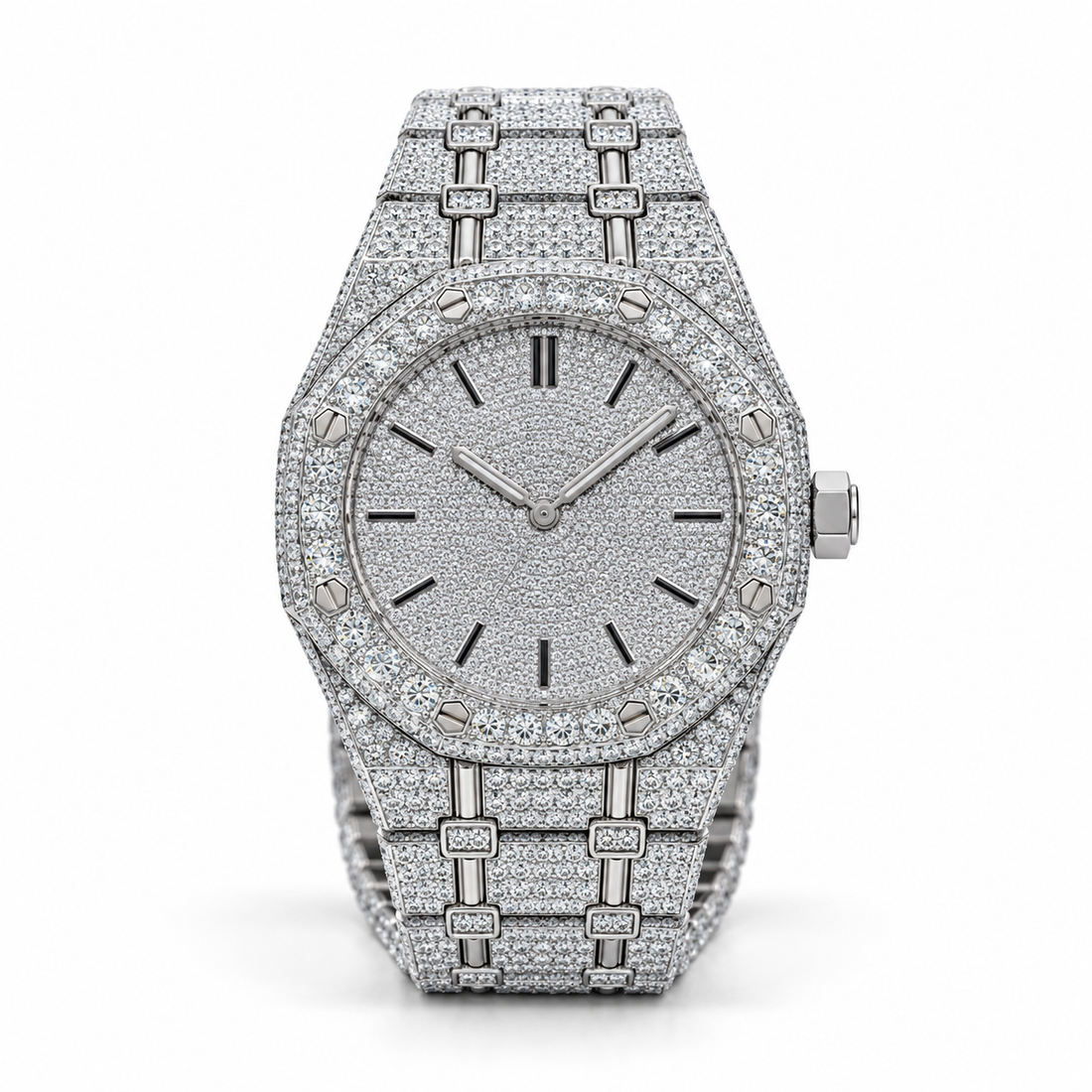 Iced Out Octagonal Silver-Tone Watch – Custom Diamond Statement Watch