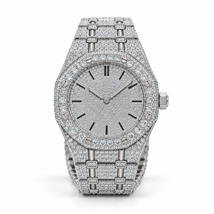 Iced Out Octagonal Silver-Tone Watch – Custom Diamond Statement Watch