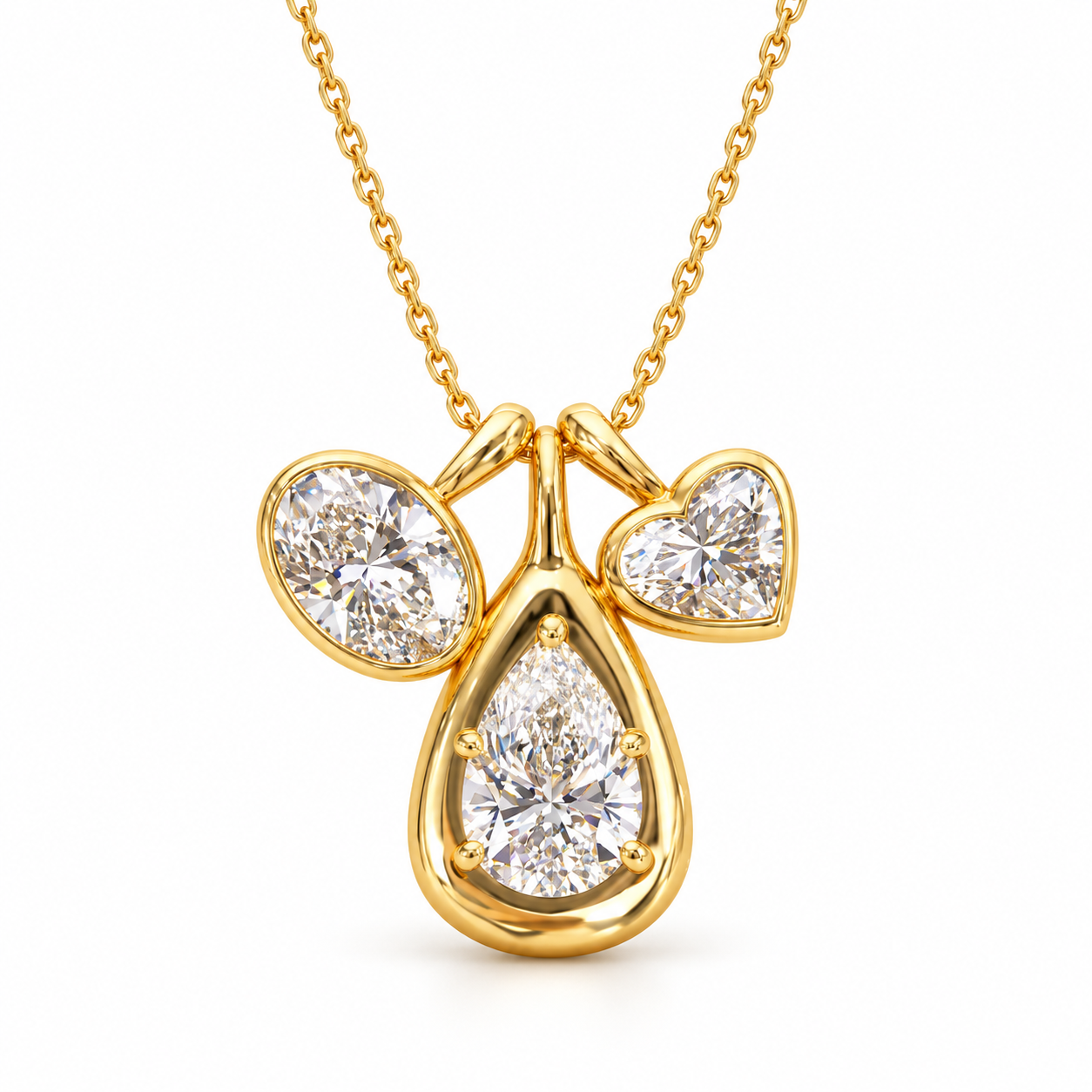 Pear Round & Heart Cut Three Stone Yellow Gold Pendant Necklace