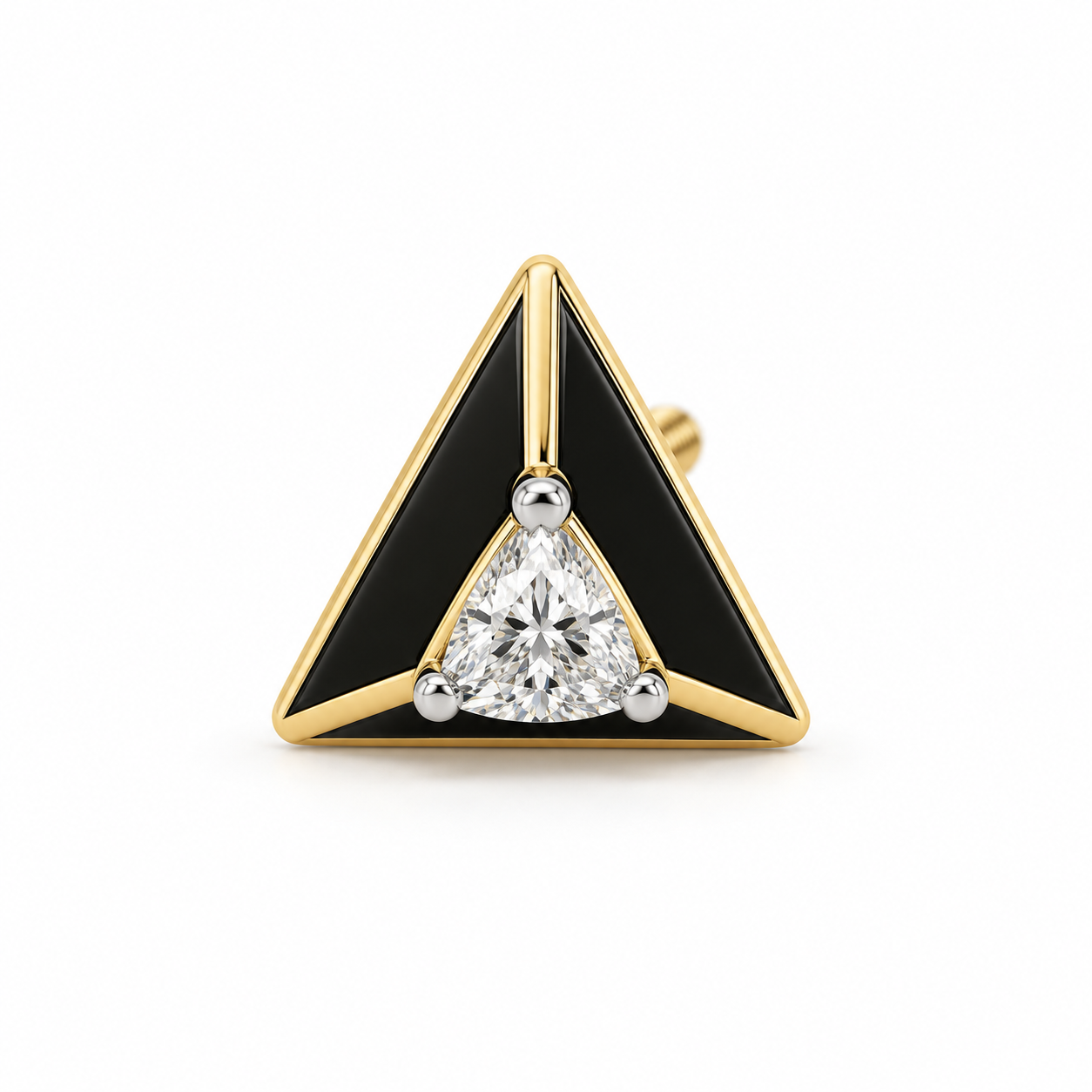 Men’s Black Triangle Yellow Gold-Tone Stud Earring with Trillion-Style Stone