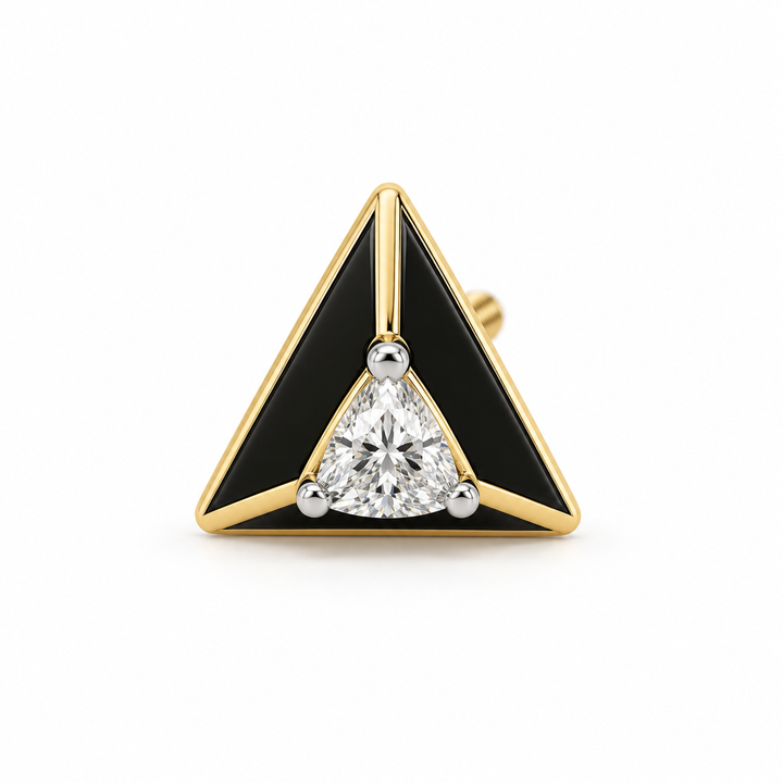 Men’s Black Triangle Yellow Gold-Tone Stud Earring with Trillion-Style Stone