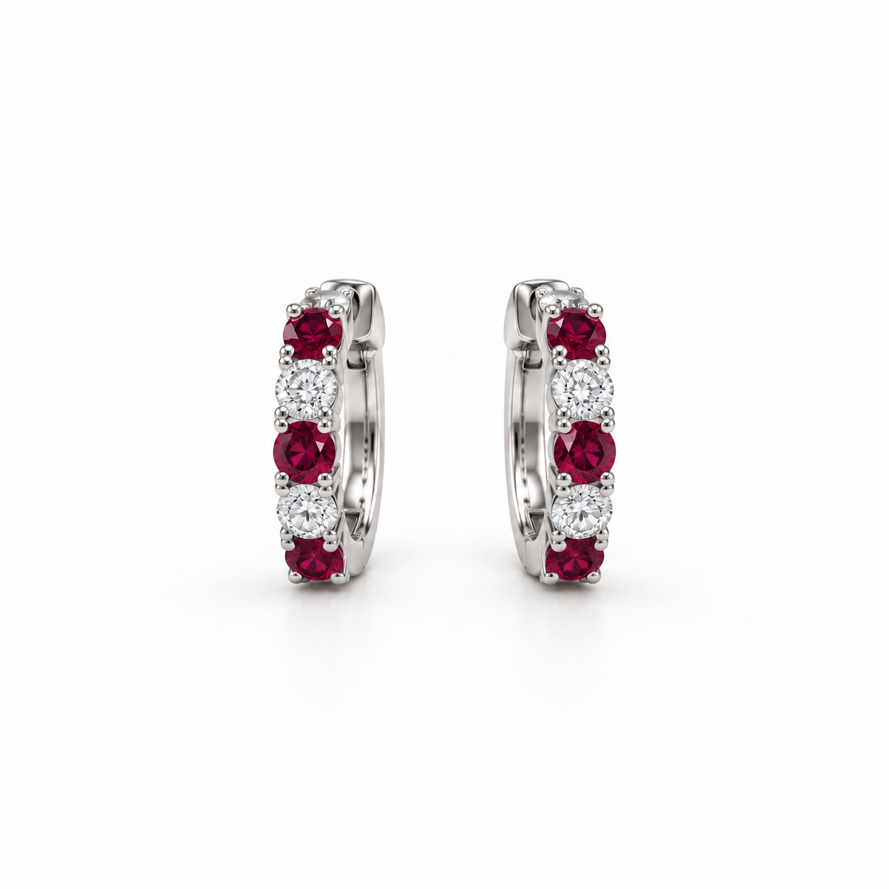 Red & White Round Stone Hoop Earrings in White Gold Tone