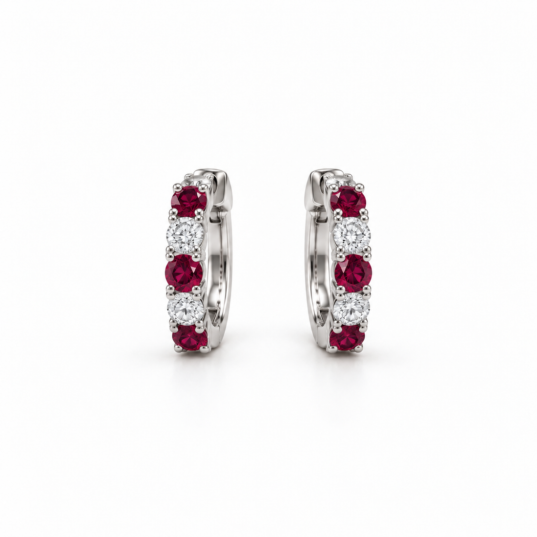 Red & White Round Stone Hoop Earrings in White Gold Tone