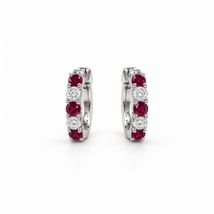 Red & White Round Stone Hoop Earrings in White Gold Tone