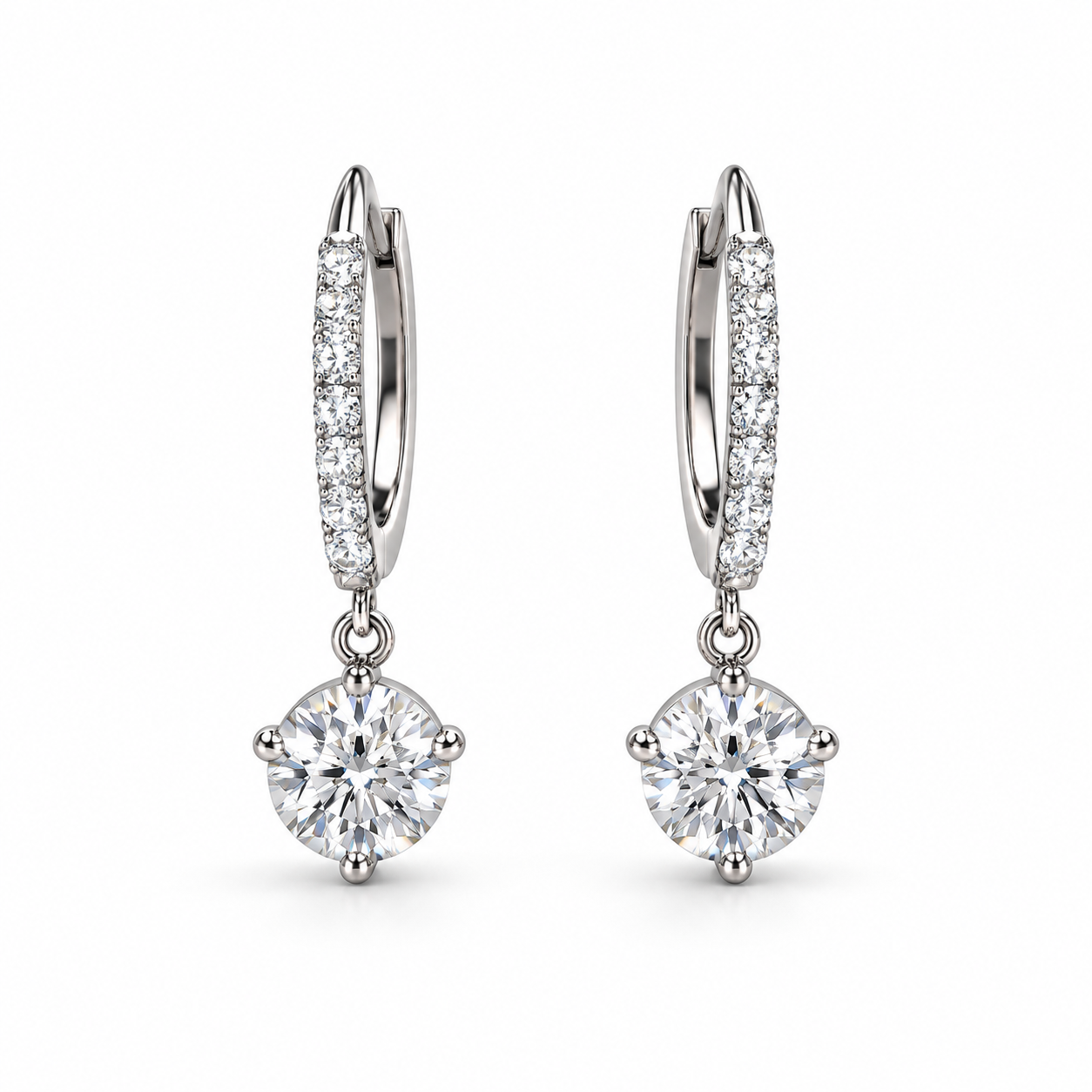 Round Solitaire Drop Earrings with Pavé Hinged Hoops