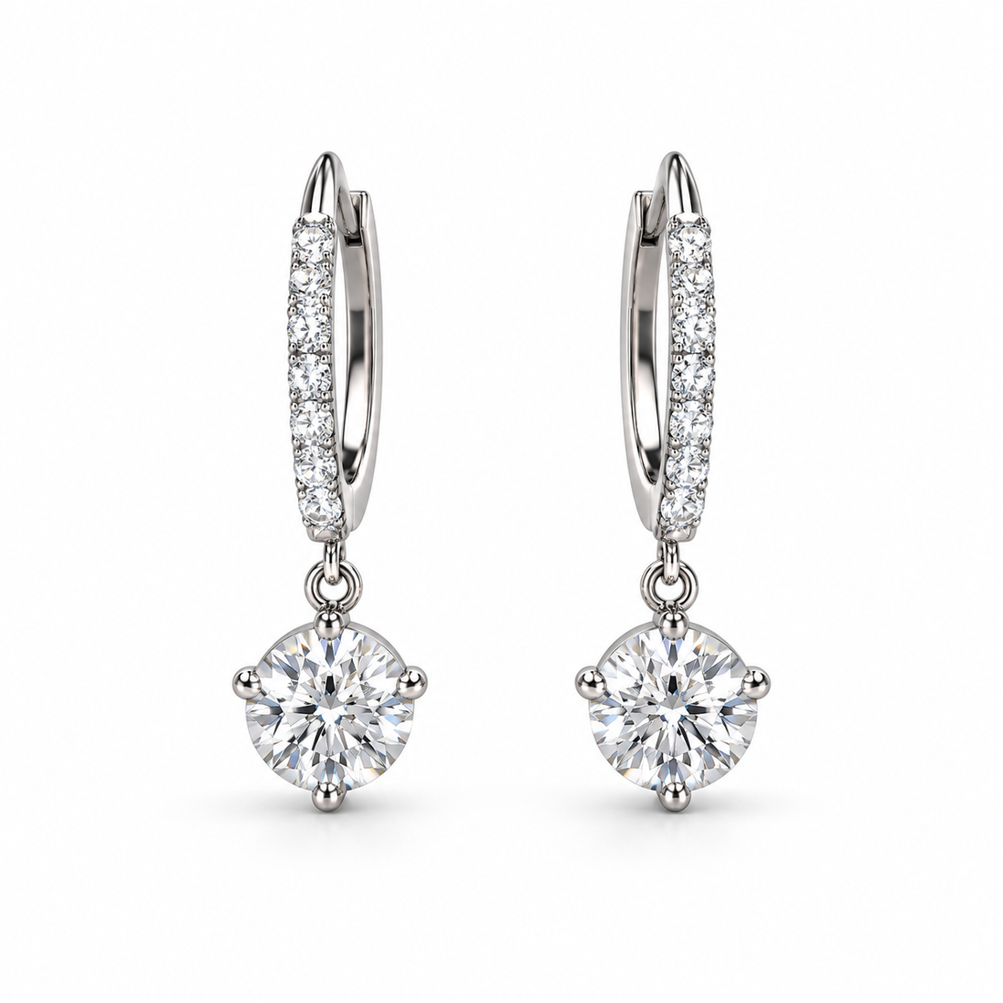 Round Solitaire Drop Earrings with Pavé Hinged Hoops