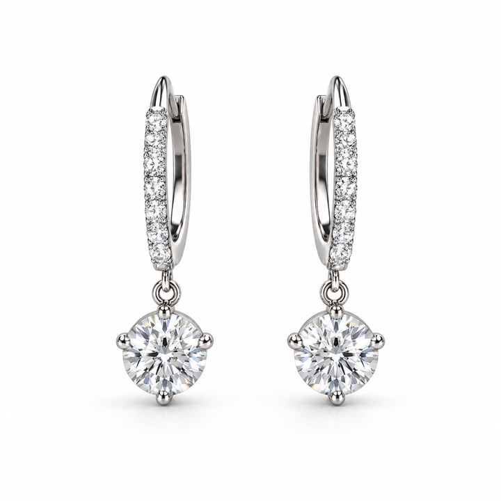 Round Solitaire Drop Earrings with Pavé Hinged Hoops