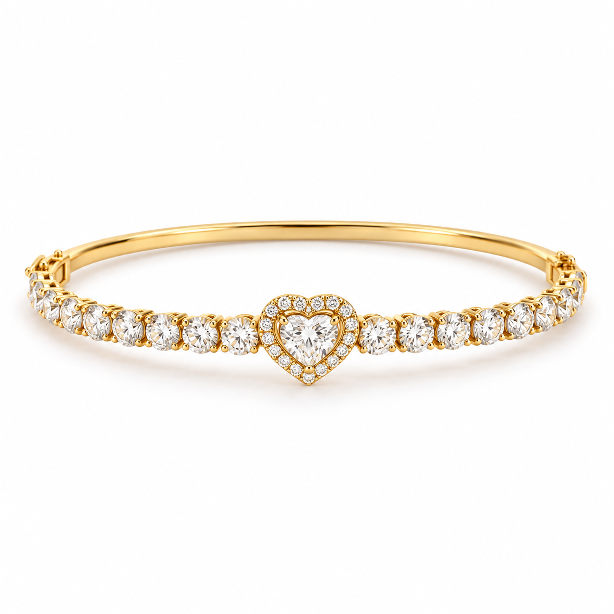Heart Cut Halo Bangle Bracelet in Yellow Gold Tone