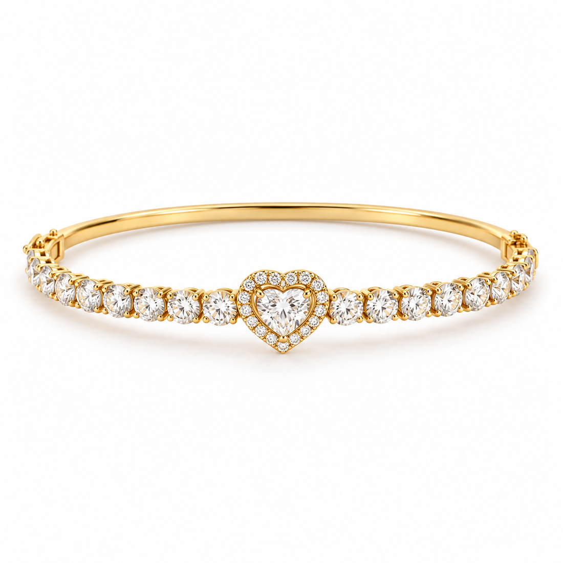 Heart Cut Halo Bangle Bracelet in Yellow Gold Tone