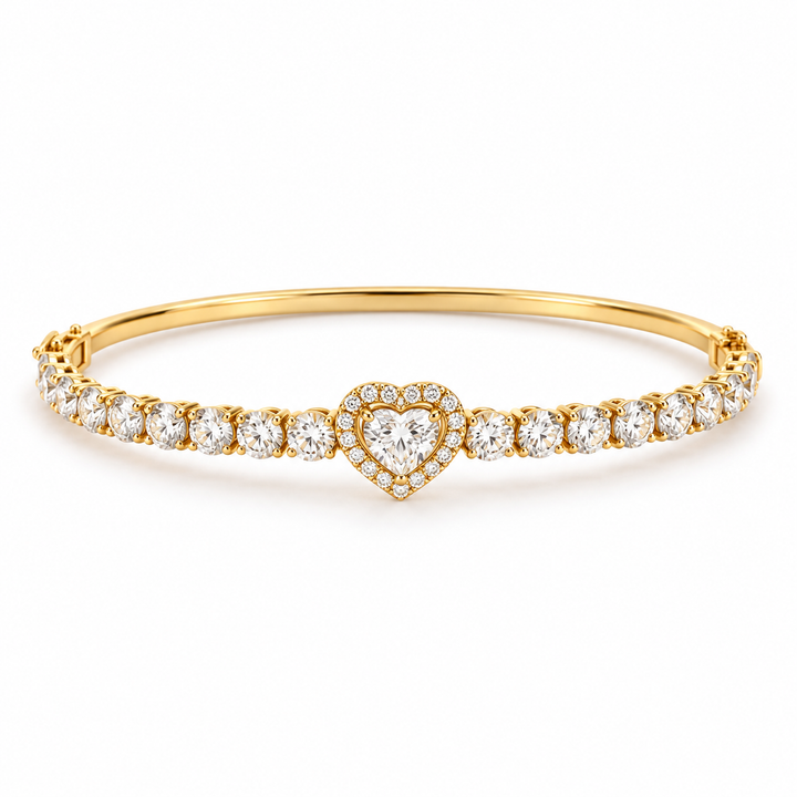 Heart Cut Halo Bangle Bracelet in Yellow Gold Tone