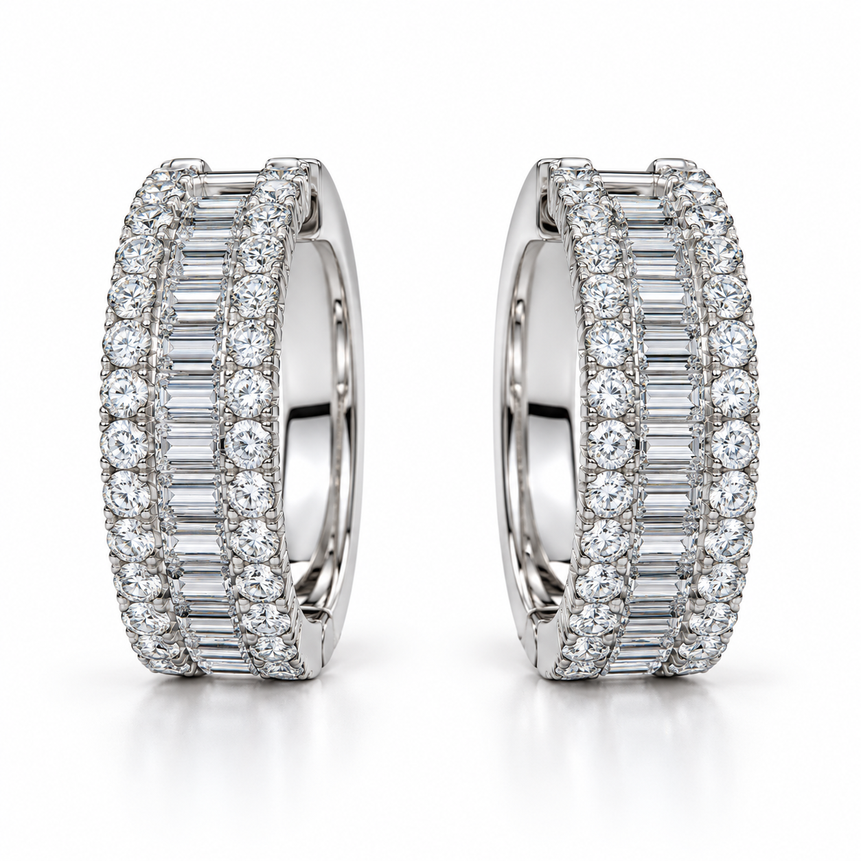 Baguette & Round Stone Three Row White Gold-Tone Bali Hoop Earrings – Custom Iced Out Jewelry
