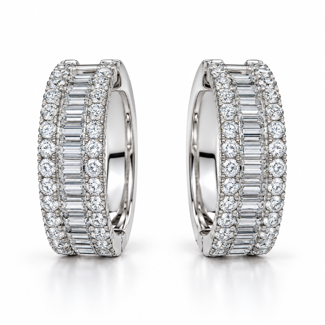 Baguette & Round Stone Three Row White Gold-Tone Bali Hoop Earrings – Custom Iced Out Jewelry