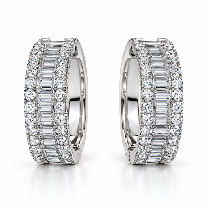 Baguette & Round Stone Three Row White Gold-Tone Bali Hoop Earrings – Custom Iced Out Jewelry