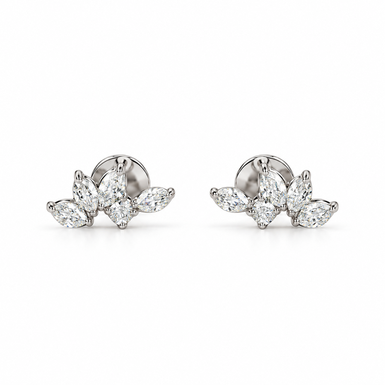 Marquise & Round Stone Leaf Cluster Stud Earrings