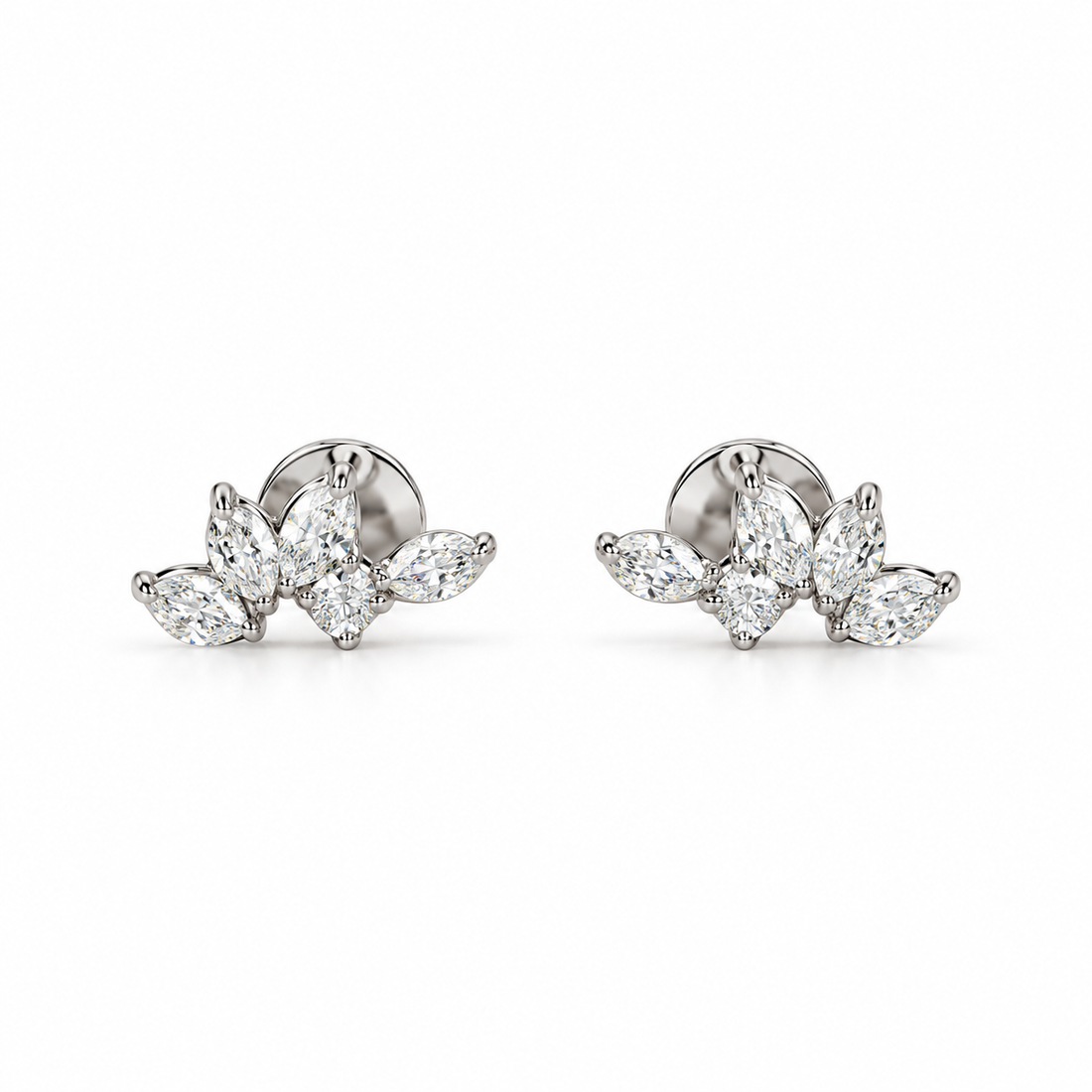 Marquise & Round Stone Leaf Cluster Stud Earrings
