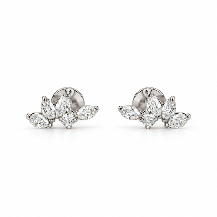 Marquise & Round Stone Leaf Cluster Stud Earrings